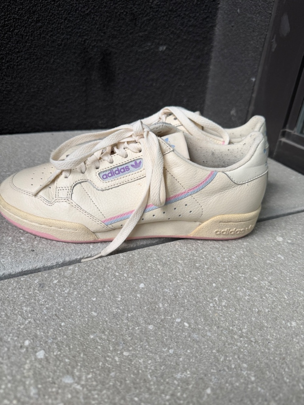 adidas Cream Leather Sneakers with Pink and Light Blue Accents